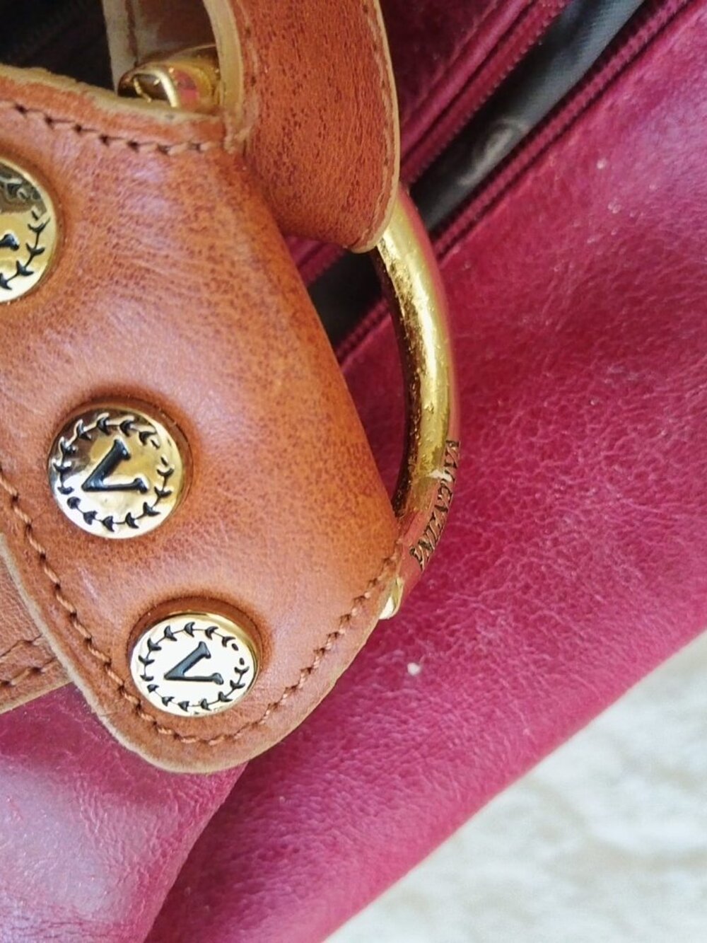 Vintage VALENTINA Italy Genuine Leather Handbag Burgundy & Cognac Brown - Picture 5 of 14